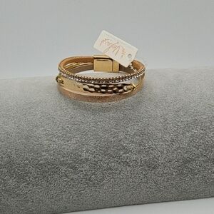 Elegant Gold Plated Multi Chain Leatherette Magnetic Bracelet, Simulated Diamond